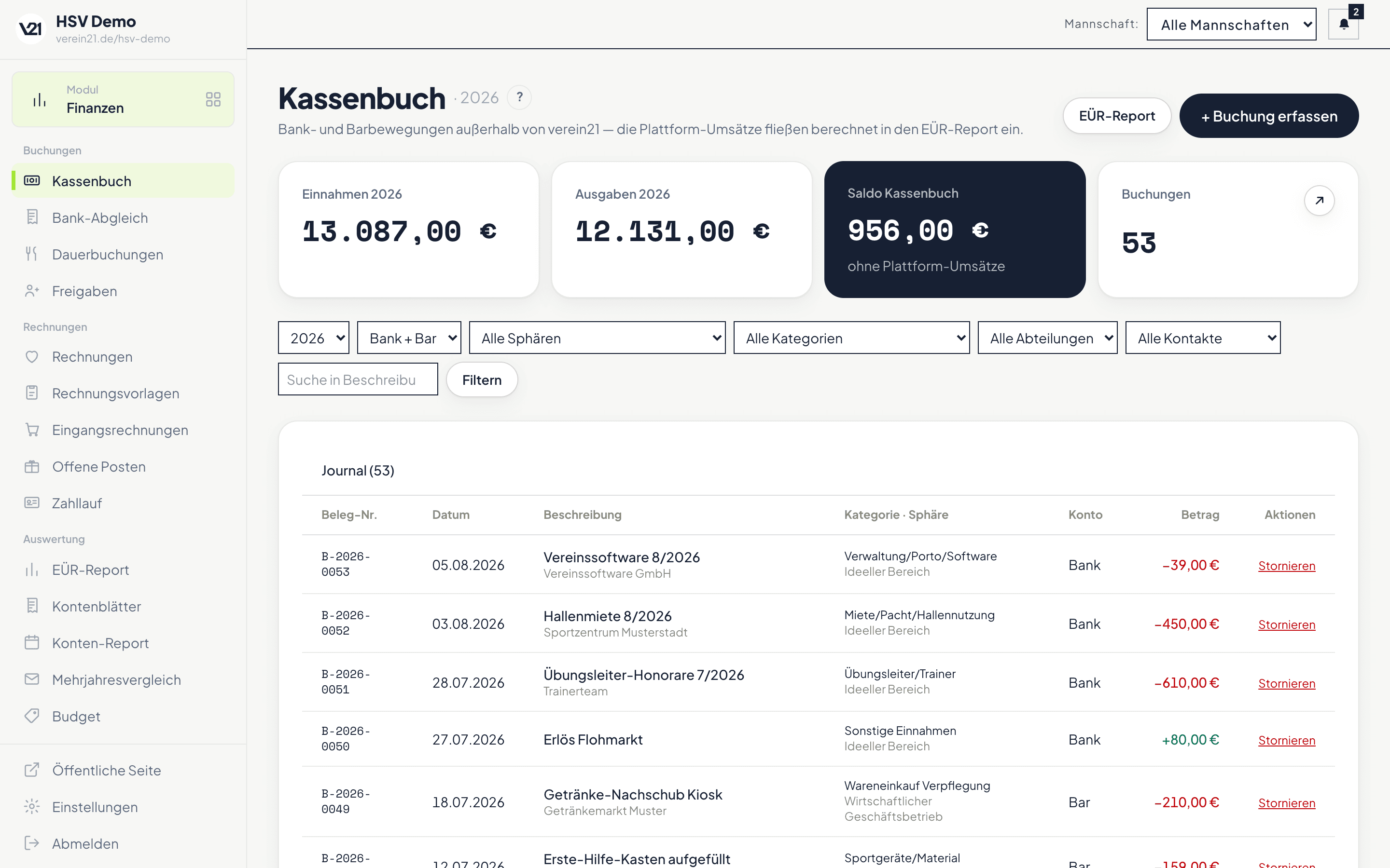 Kassenbuch mit Buchungsjournal, Jahreskennzahlen für Einnahmen, Ausgaben und Saldo, und einer Seitenleiste mit vierzehn Finanzfunktionen