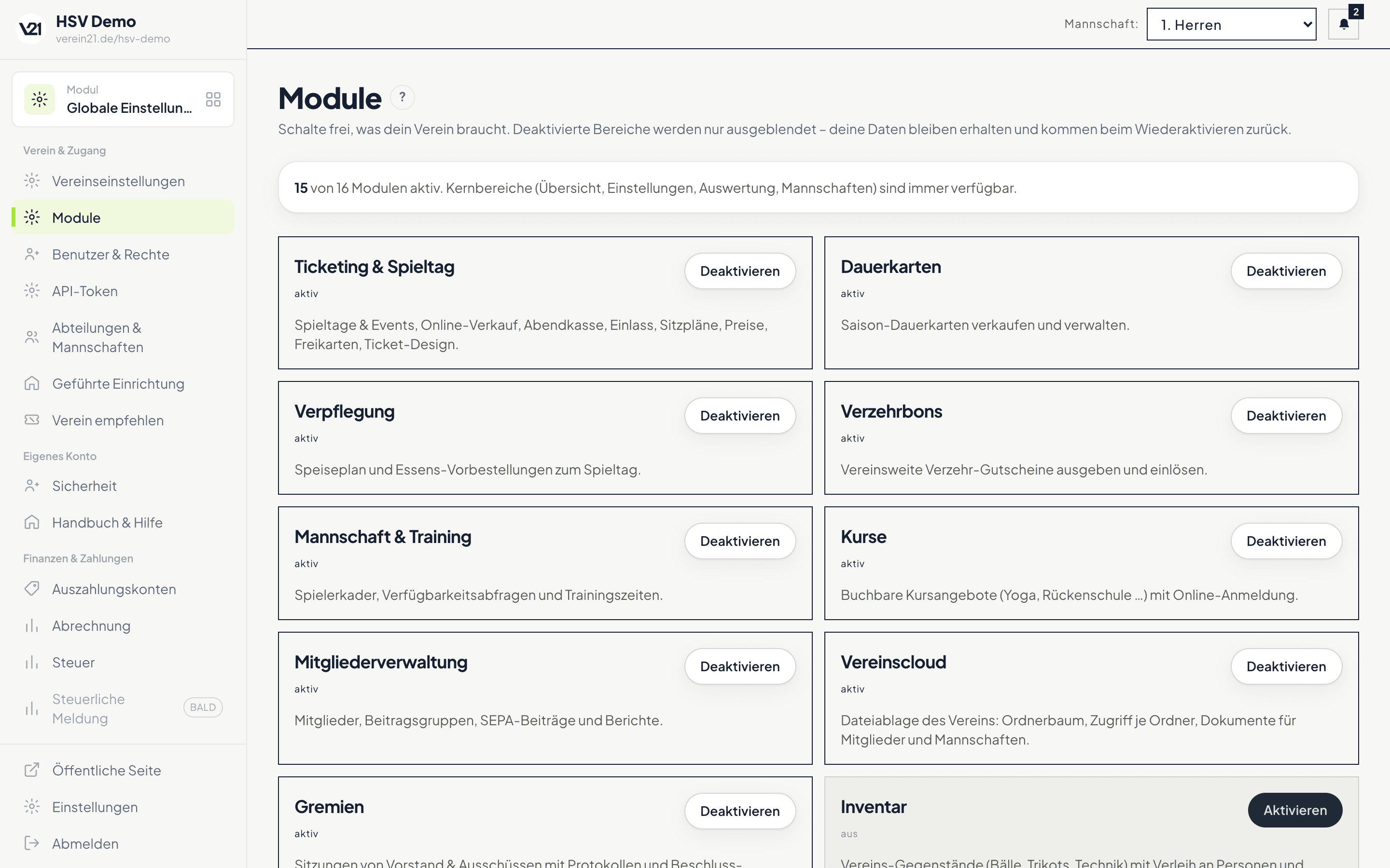 Modul-Übersicht mit an-/abschaltbaren Bereichen wie Ticketing, Dauerkarten, Verpflegung, Mannschaft und Kurse, je mit Kurzbeschreibung