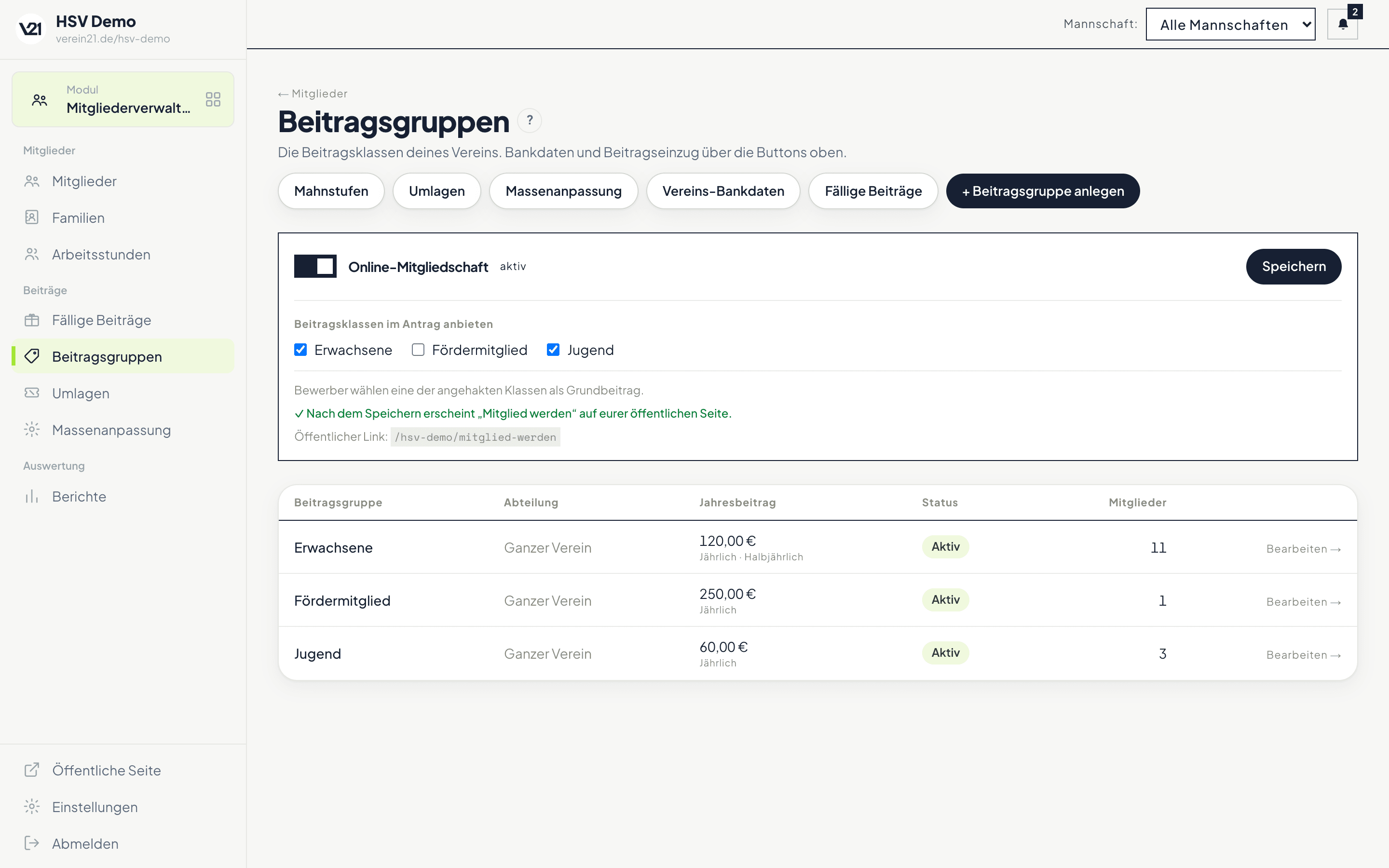 Beitragsgruppen-Übersicht mit Erwachsene, Fördermitglied und Jugend, je Jahresbeitrag, Rhythmus und Mitgliederzahl