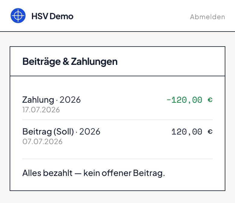 Beitragskonto im Mitglieder-Portal mit gestelltem Beitrag, verrechneter Zahlung und dem Hinweis „Alles bezahlt“