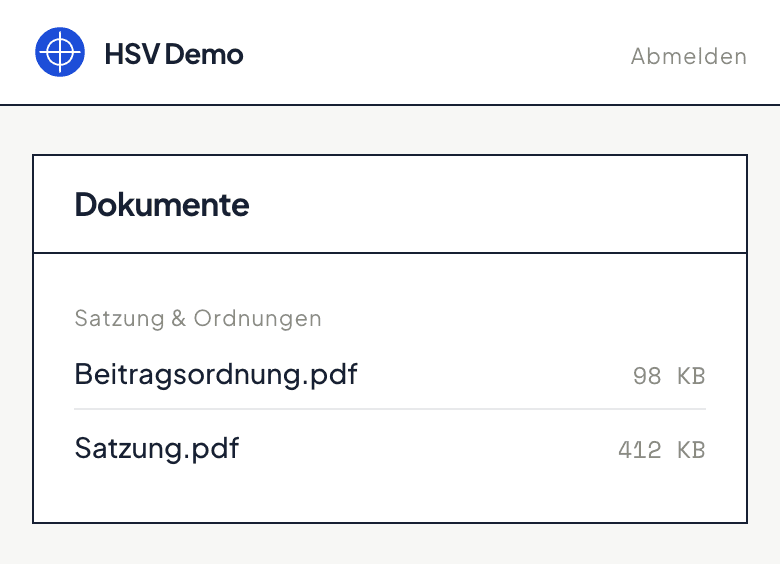 Dokumente-Abschnitt im Mitglieder-Portal mit Satzung und Beitragsordnung als herunterladbare PDFs im Ordner „Satzung & Ordnungen“