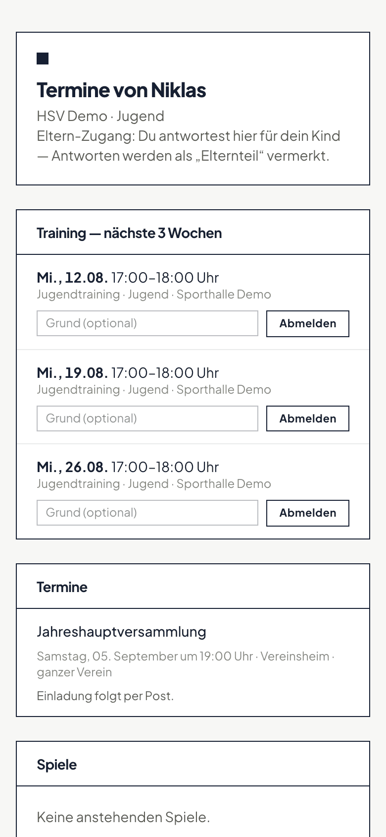 Terminseite im Eltern-Zugang mit dem Kopf „Termine von …“, dem Hinweis auf das Jugendteam des Kindes und der Erklärung, dass Antworten als Elternteil vermerkt werden