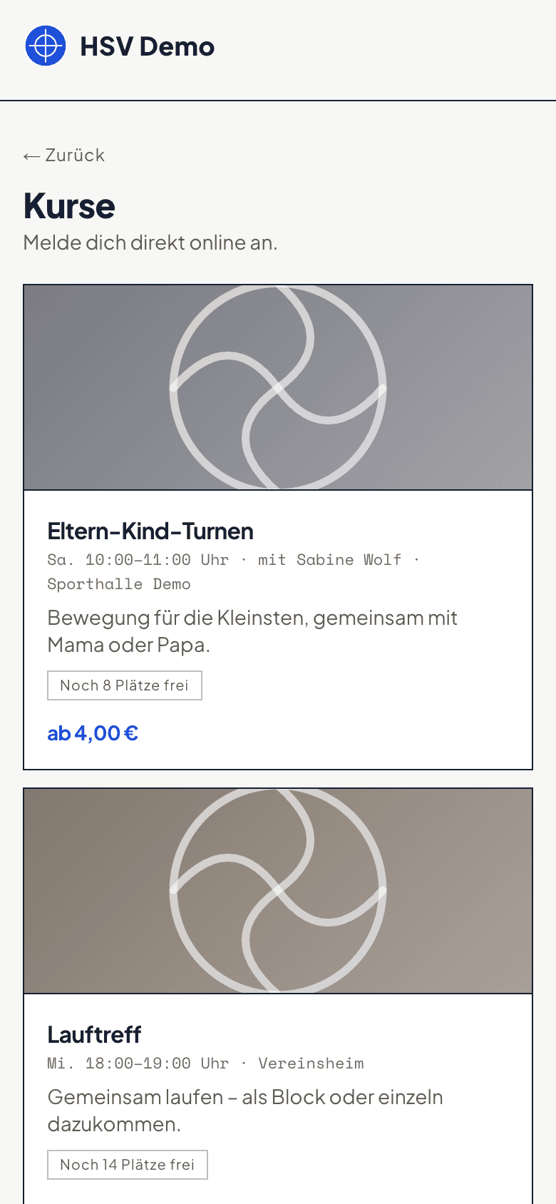 Kursliste mit Eltern-Kind-Turnen, Lauftreff und Rückenschule, jeweils mit Zeit, freien Plätzen und Preis