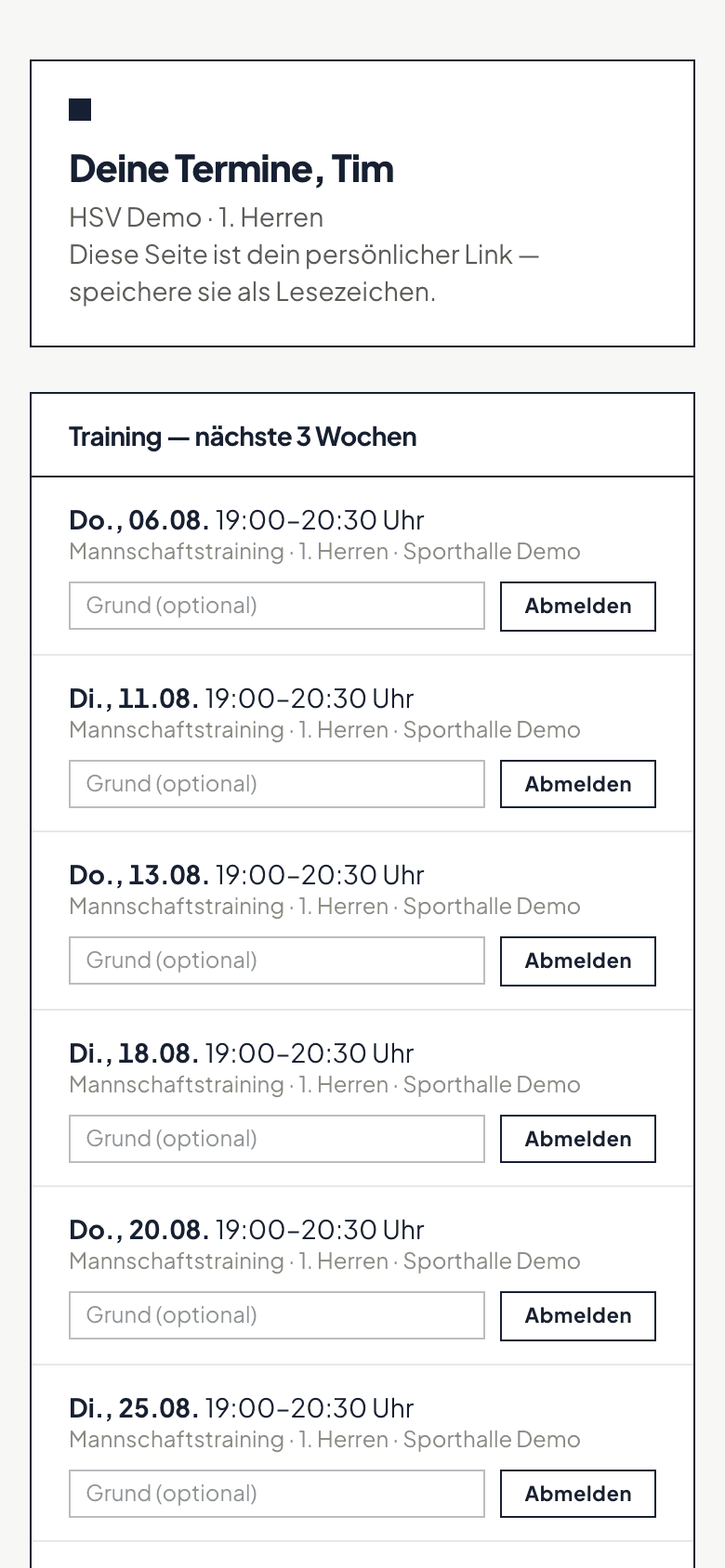 Persönliche Terminseite mit den kommenden Trainingsterminen der nächsten drei Wochen und je einem Abmelden-Knopf