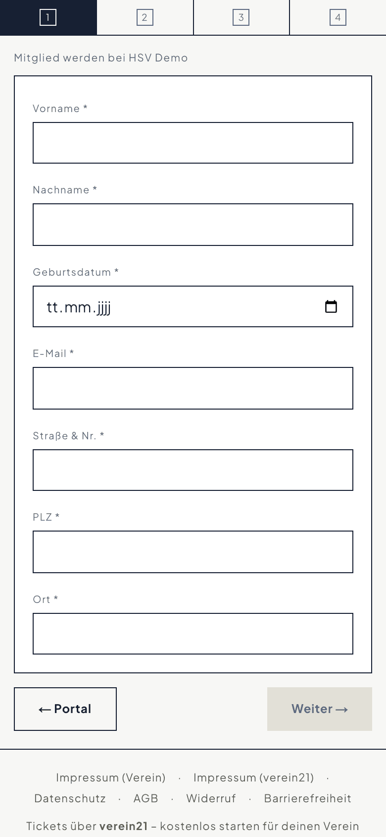 Aufnahmeantrag, Schritt 1 von 4, mit den Feldern Vorname, Nachname, Geburtsdatum, E-Mail und Adresse