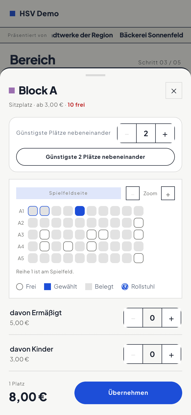 Sitzplan von Block A am Telefon mit einem gewählten Platz und der Preiszusammenfassung darunter