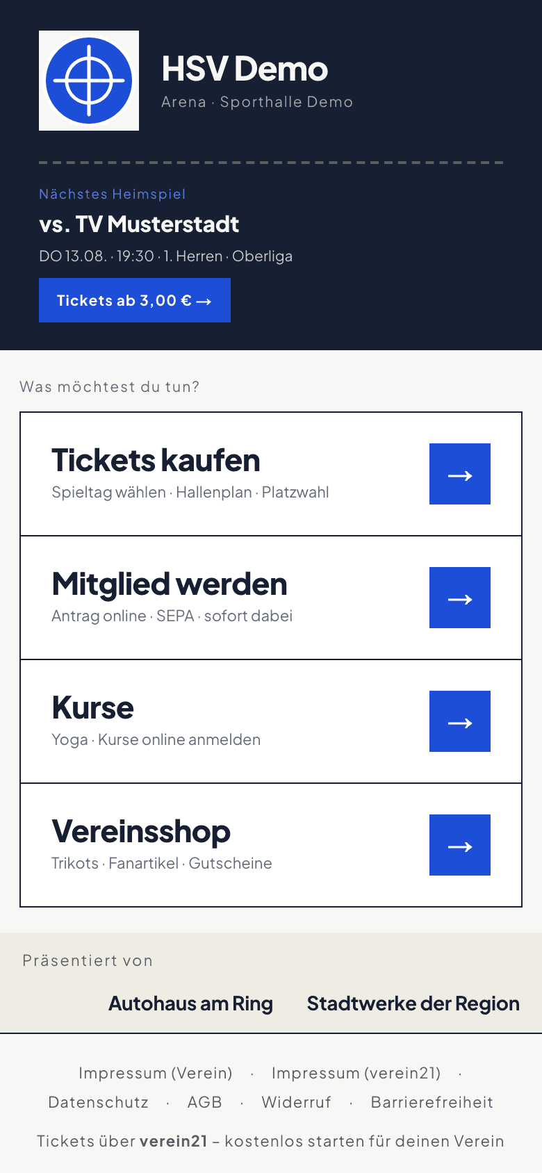 Öffentliche Vereinsseite mit nächstem Heimspiel und den vier Einstiegen Tickets, Mitglied werden, Kurse und Vereinsshop
