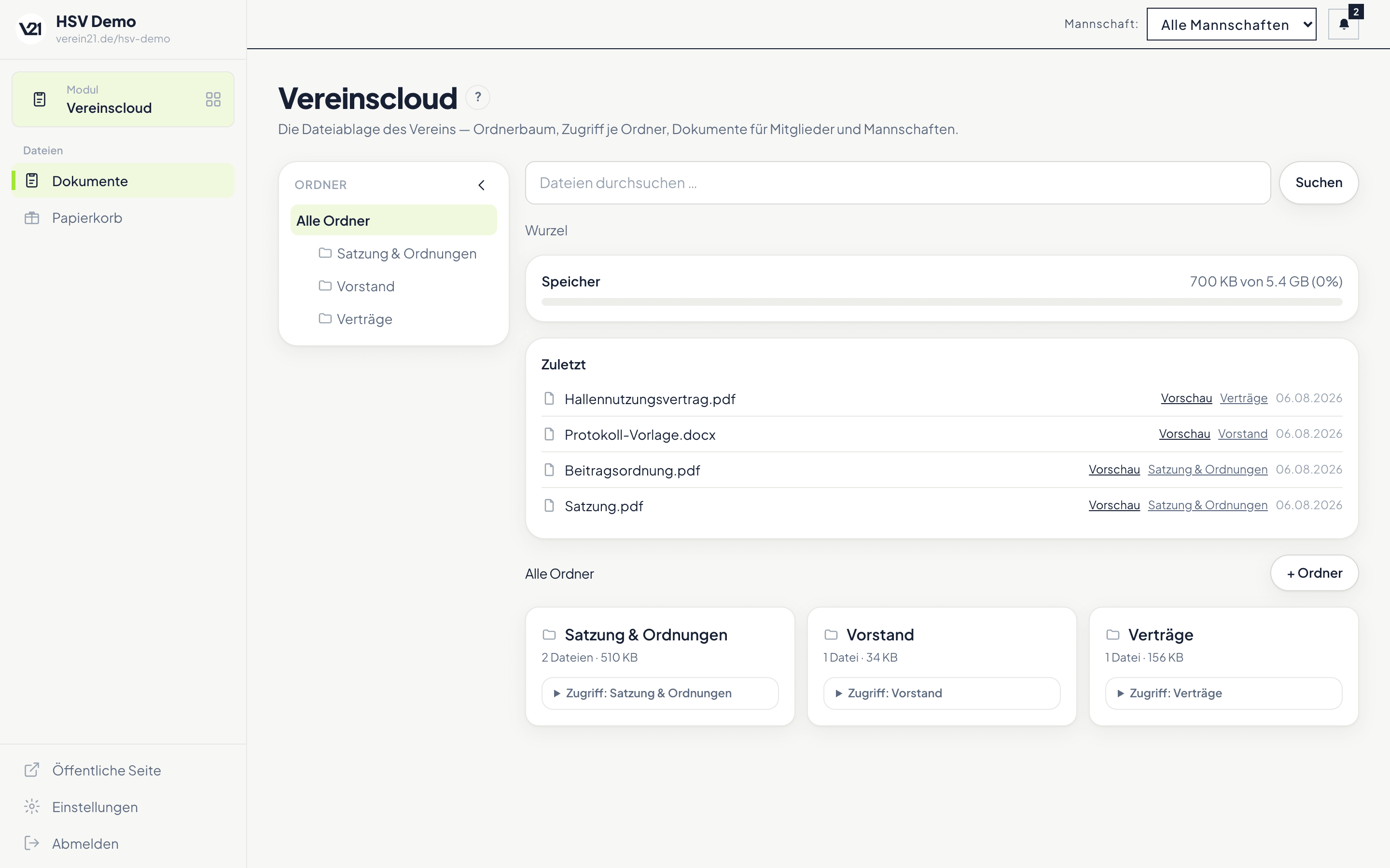 Vereinscloud mit Ordnerbaum, Speicher-Balken und den zuletzt hochgeladenen Dateien samt Ordner-Zuordnung