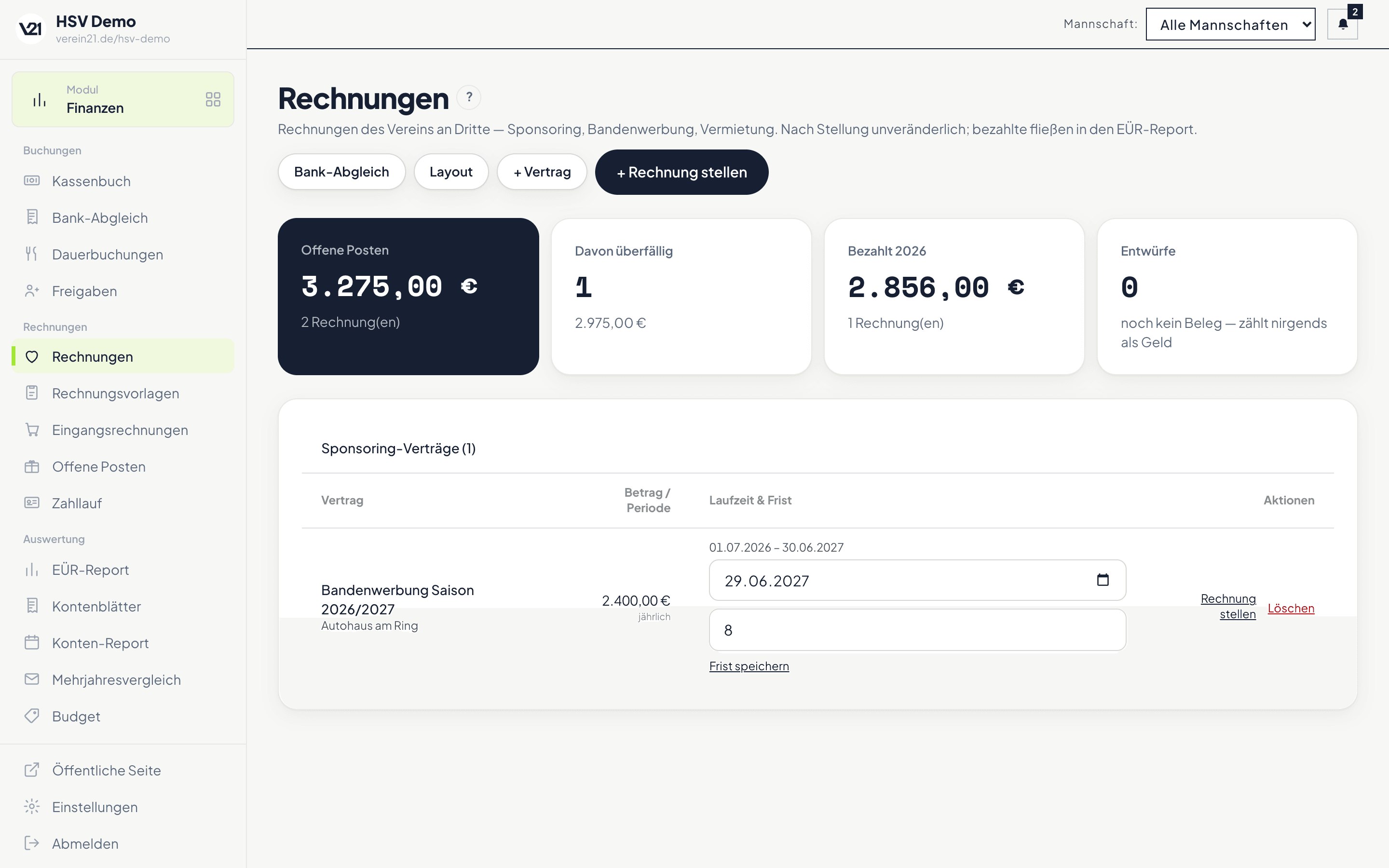 Rechnungen-Übersicht mit offenen Posten und einem Sponsoring-Vertrag, dessen Kündigungsfrist gepflegt und aus dem eine Rechnung gestellt werden kann