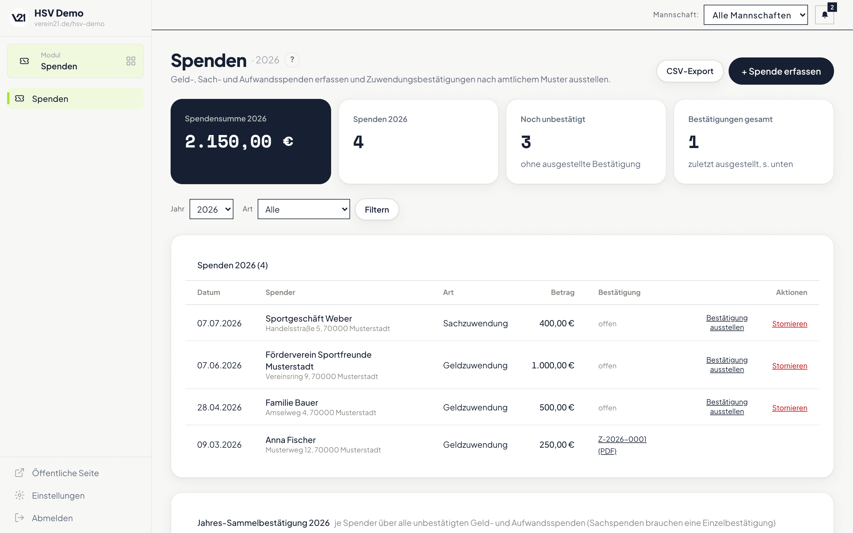 Spenden-Übersicht mit KPIs zu Spendensumme und ausgestellten Bestätigungen sowie der Liste der erfassten Spenden, eine davon mit ausgestellter Zuwendungsbestätigung als PDF-Link