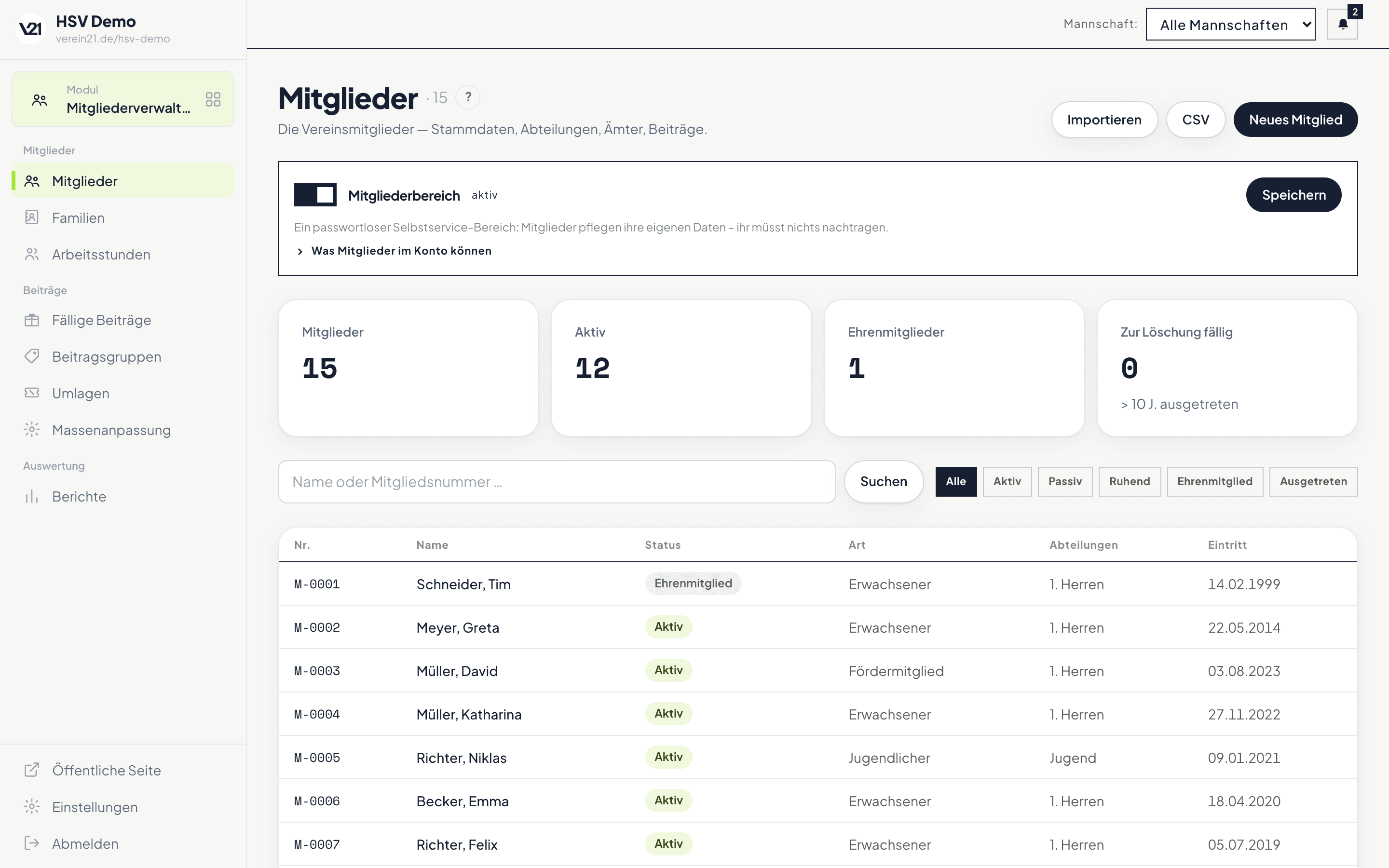 Mitgliederliste mit Kennzahlen zu Mitgliedern, Aktiven und Ehrenmitgliedern sowie dem Status je Person